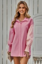 Color Block Button Down Cuffed Sleeves Blouse - Image 3