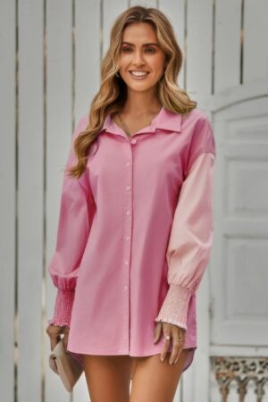 Color Block Button Down Cuffed Sleeves Blouse