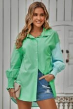 Color Block Button Down Cuffed Sleeves Blouse - Image 4