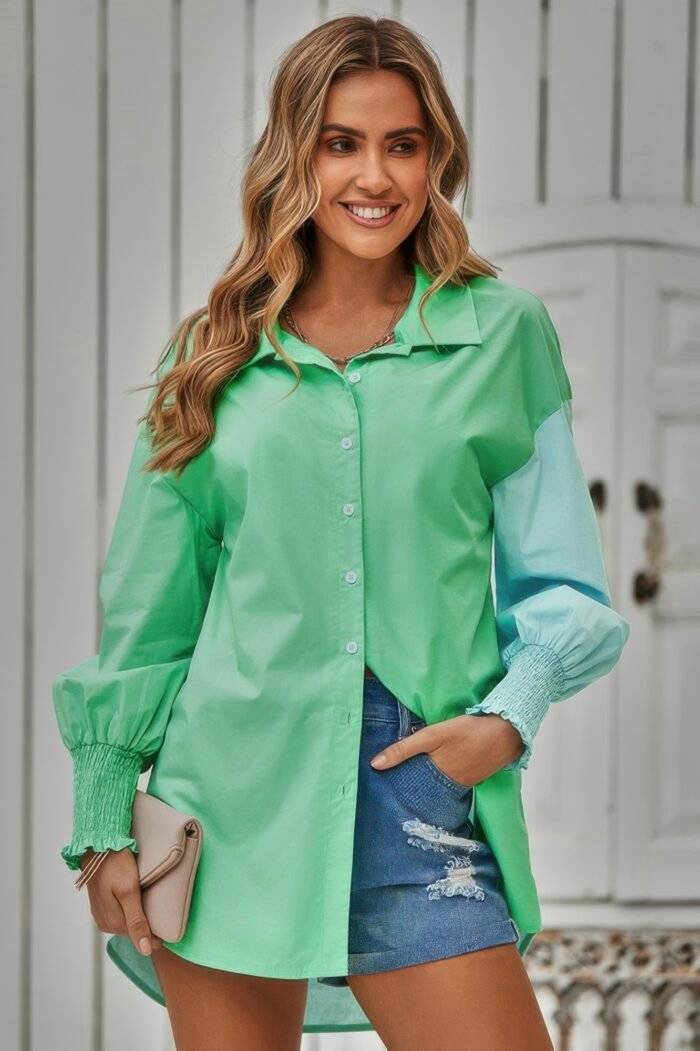 Color block button down cuffed sleeves blouse - image 4