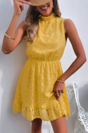 Sleeveless High Neck A Line Ruffle Hem Dress