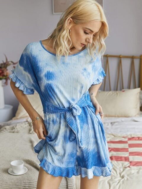 Tie Dye Ribbed Ruffle Tie Waist Pleated Romper