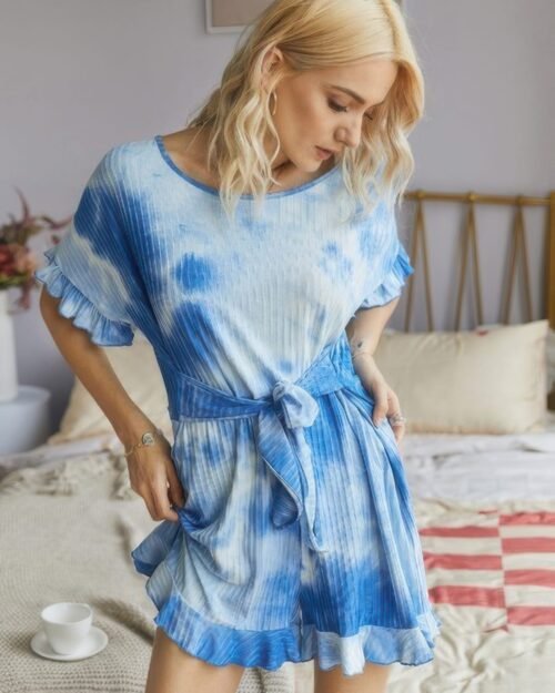 tie dye ribbed ruffle tie waist pleated romper
