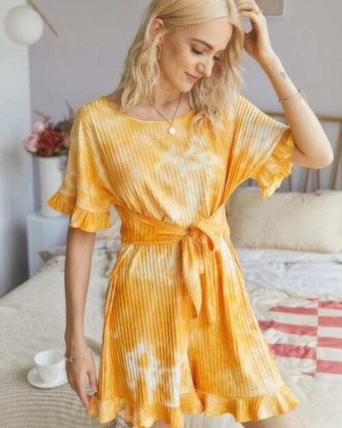 tie dye ribbed ruffle tie waist pleated romper