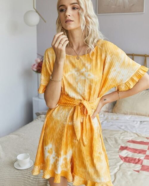 tie dye ribbed ruffle tie waist pleated romper