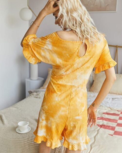 tie dye ribbed ruffle tie waist pleated romper