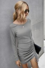Solid Rib Knit Drawstring Front Bodycon Dress - Image 4