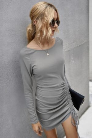 Solid Rib Knit Drawstring Front Bodycon Dress Solid Rib Knit Drawstring Front Bodycon Dress