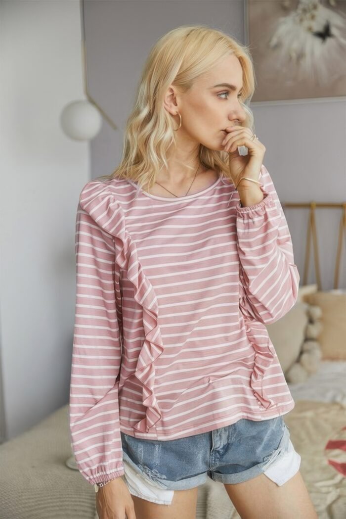 Crew neck ruffles long sleeves knitted striped shirt - image 2