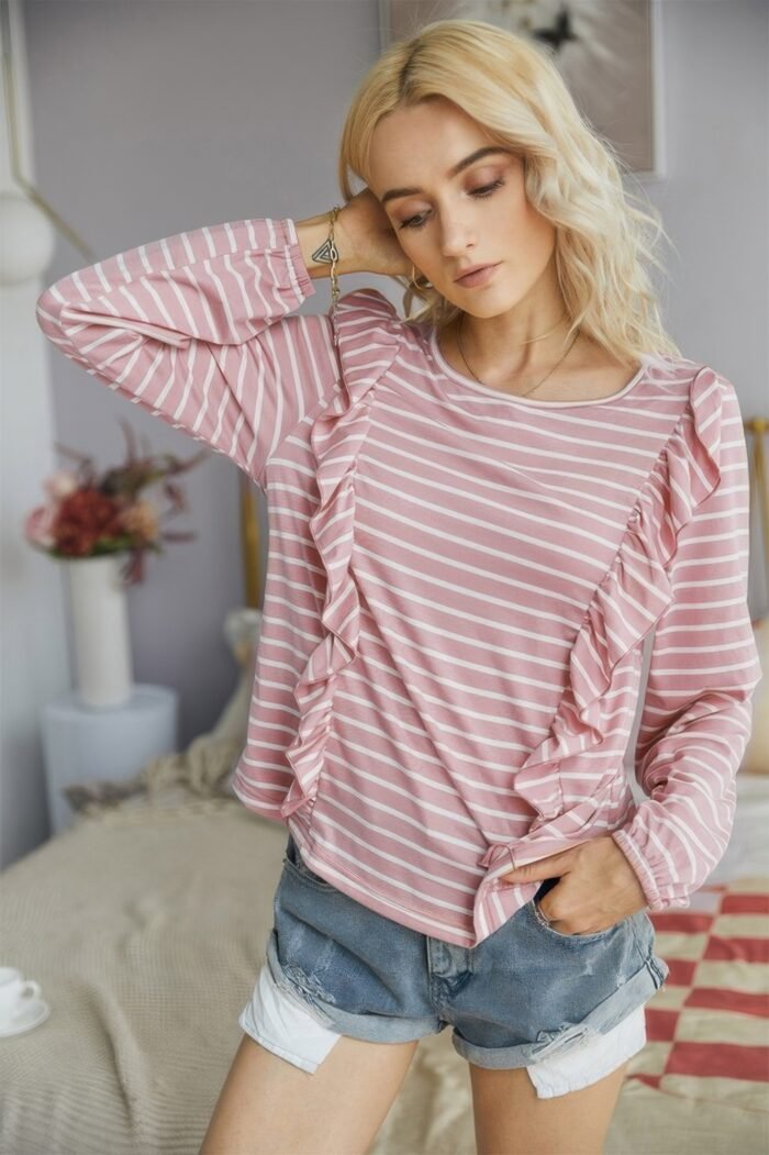 Crew neck ruffles long sleeves knitted striped shirt - image 3