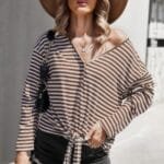 V Neck Short Sleeve Striped Tunic Shirt