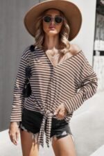 V Neck Short Sleeve Striped Tunic Shirt
