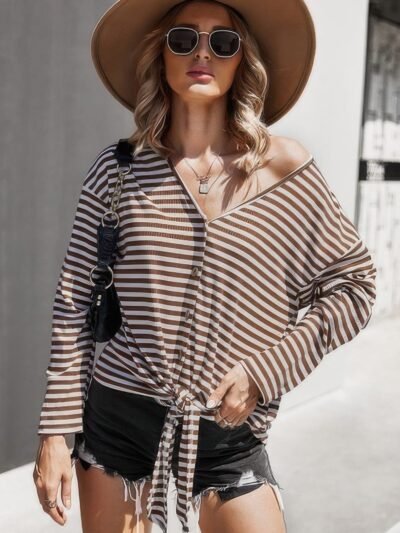 V Neck Short Sleeve Striped Tunic Shirt