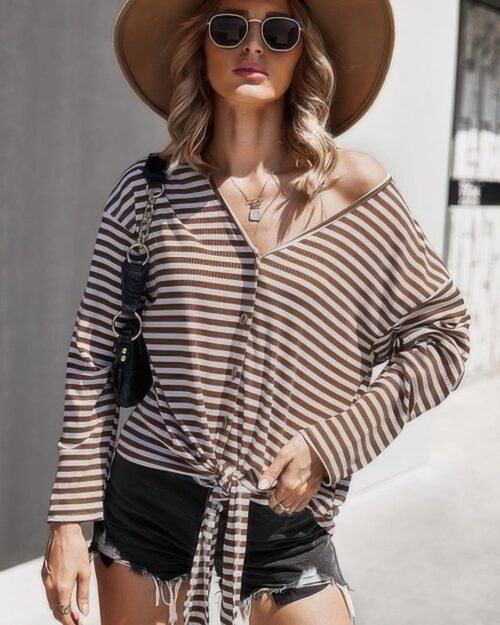 V Neck Short Sleeve Striped Tunic Shirt