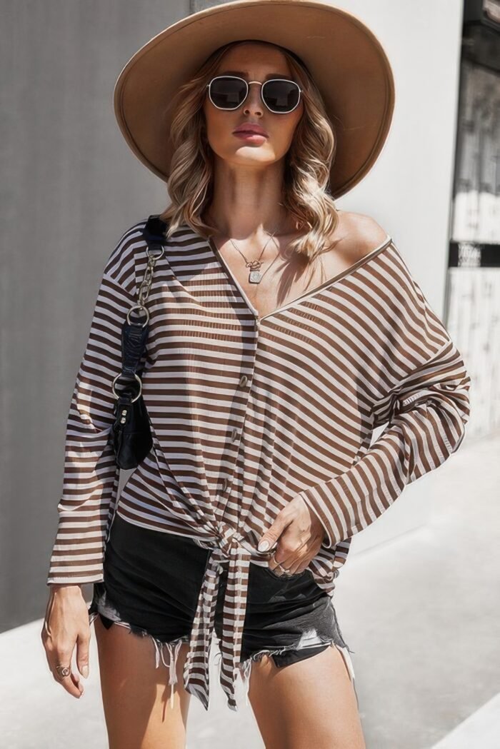 V neck short sleeve striped tunic shirt - image 1