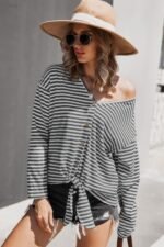 V Neck Short Sleeve Striped Tunic Shirt - Image 3