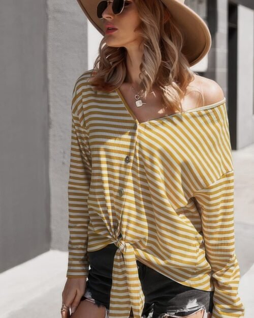 v neck short sleeve striped tunic shirt