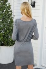 Solid Crew Neck High Waist Drawstring Dress - Image 2