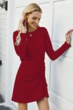 Solid Crew Neck High Waist Drawstring Dress - Image 5