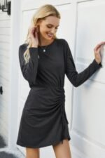 Solid Crew Neck High Waist Drawstring Dress - Image 7