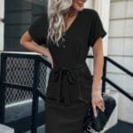 Solid Button Detail Cuffed Pocket Short Dress