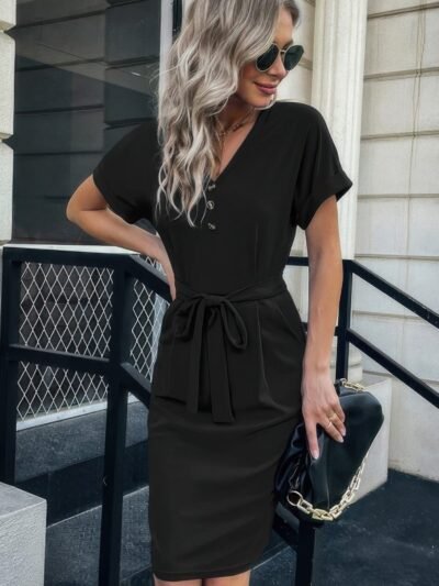 Solid Button Detail Cuffed Pocket Short Dress