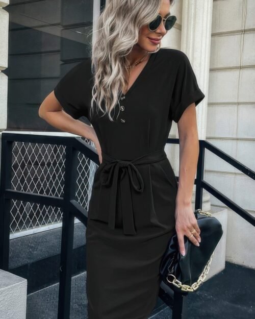 Solid Button Detail Cuffed Pocket Short Dress