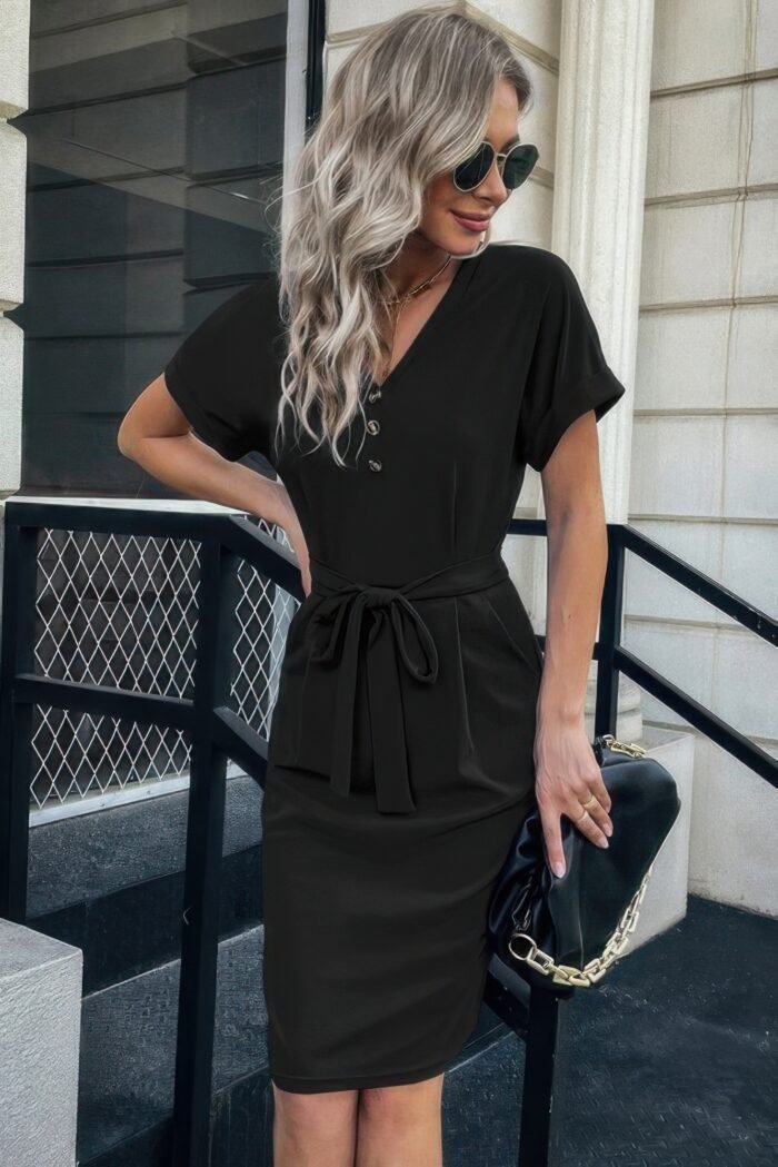 Solid button detail cuffed pocket short dress - image 1