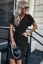 Solid Button Detail Cuffed Pocket Short Dress - Image 2