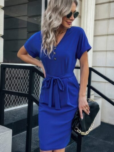 Solid Button Detail Cuffed Pocket Short Dress Solid Button Detail Cuffed Pocket Short Dress