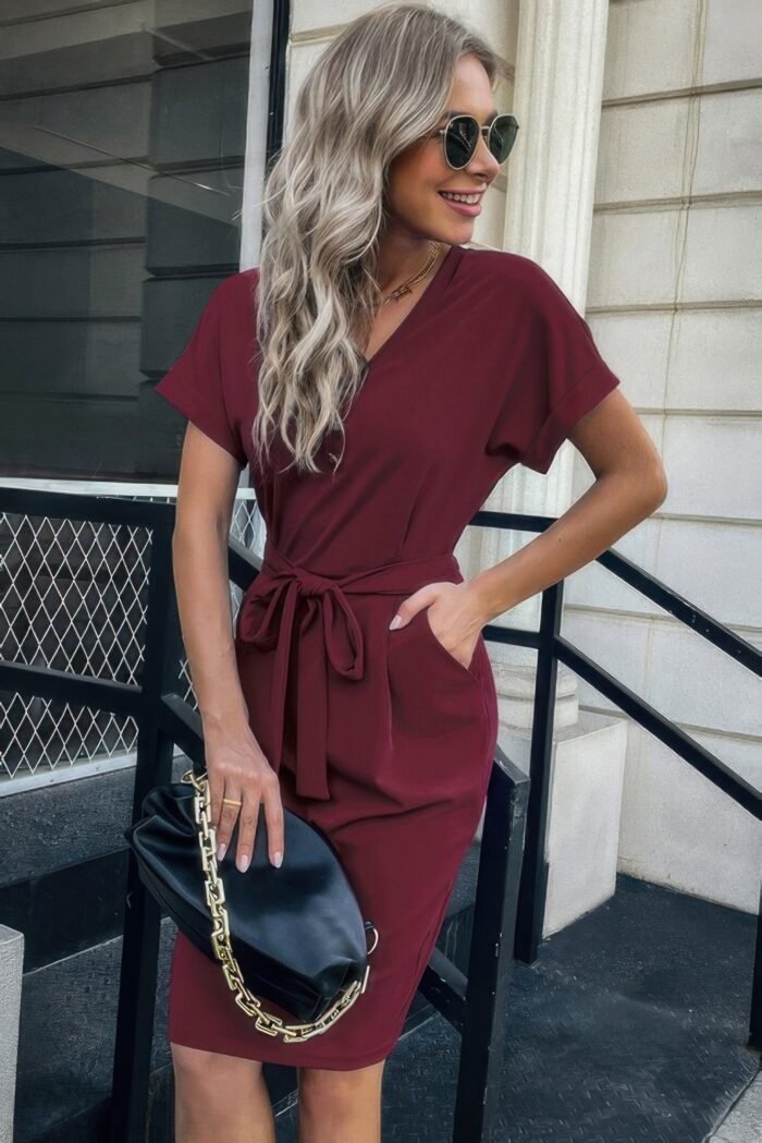 Solid button detail cuffed pocket short dress - image 8