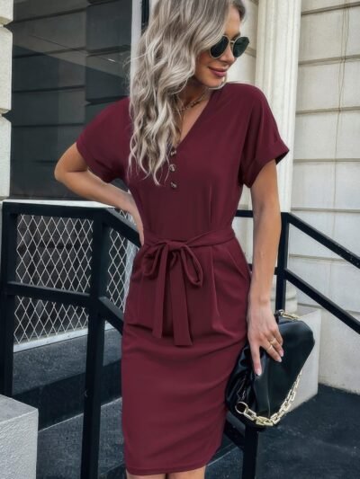 Solid Button Detail Cuffed Pocket Short Dress Solid Button Detail Cuffed Pocket Short Dress