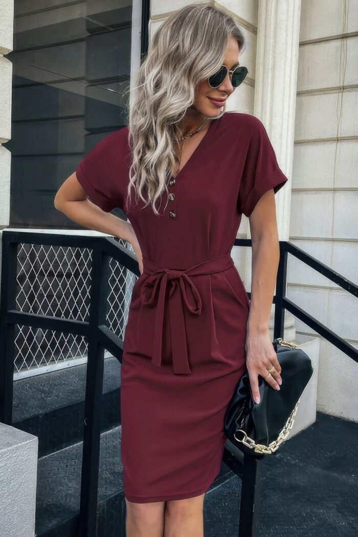 Solid button detail cuffed pocket short dress - image 9