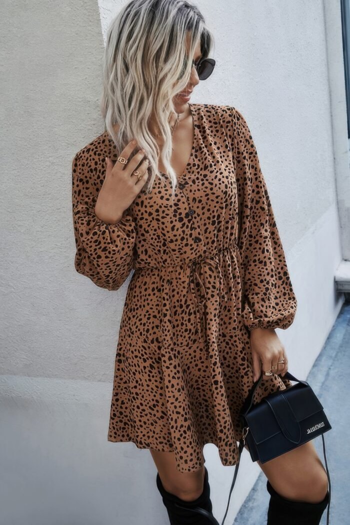 Leopard print waist tie belted ruffle hem dress - image 2