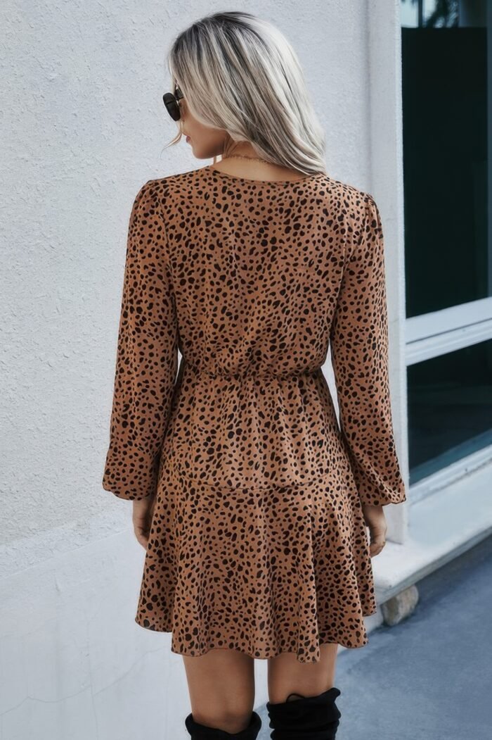 Leopard print waist tie belted ruffle hem dress - image 5