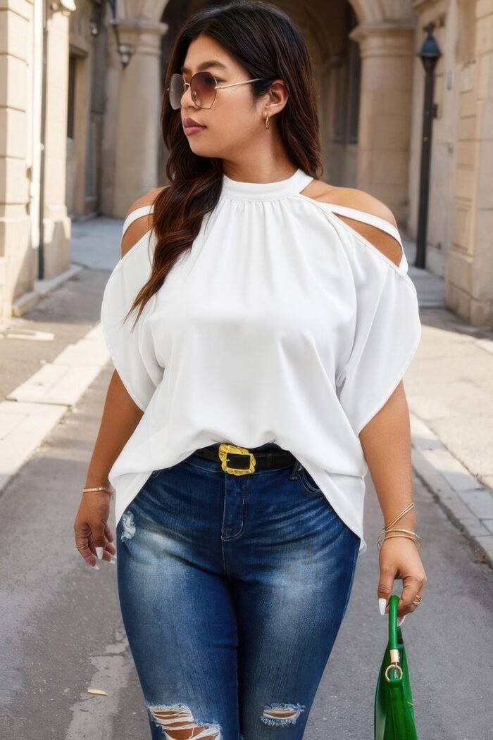 Plus halter open shoulder bat sleeves loose top - image 1