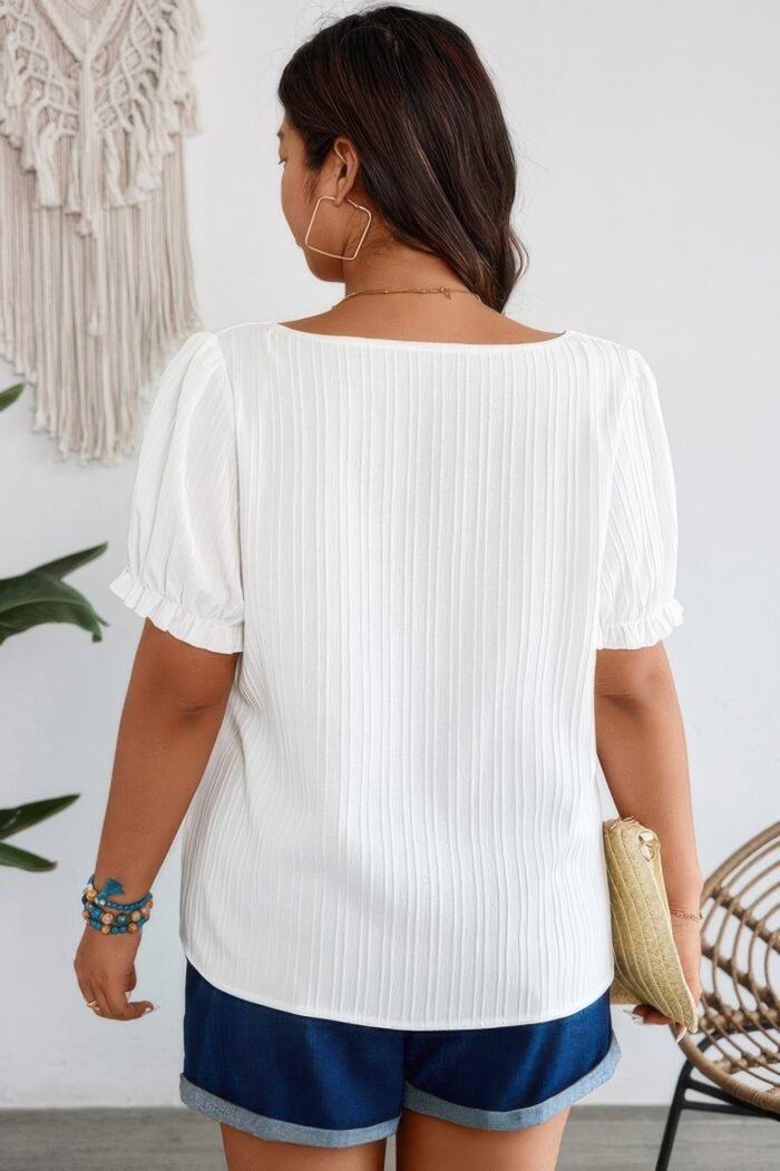 Plus square neck floral print pleasted puff blouse
