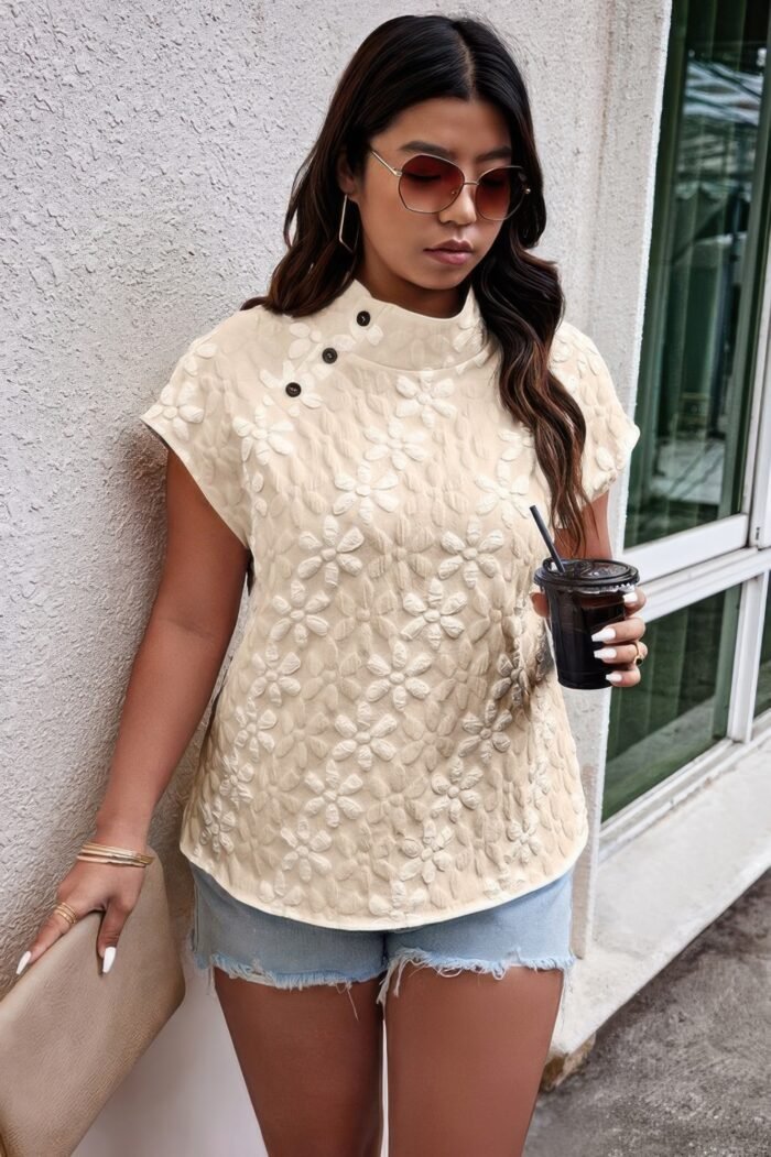 Plus size button loose jacquard stand collar top - image 1