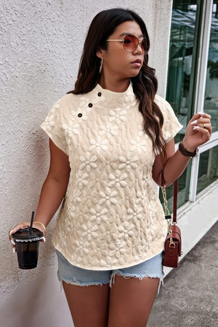 Plus size button loose jacquard stand collar top - image 4