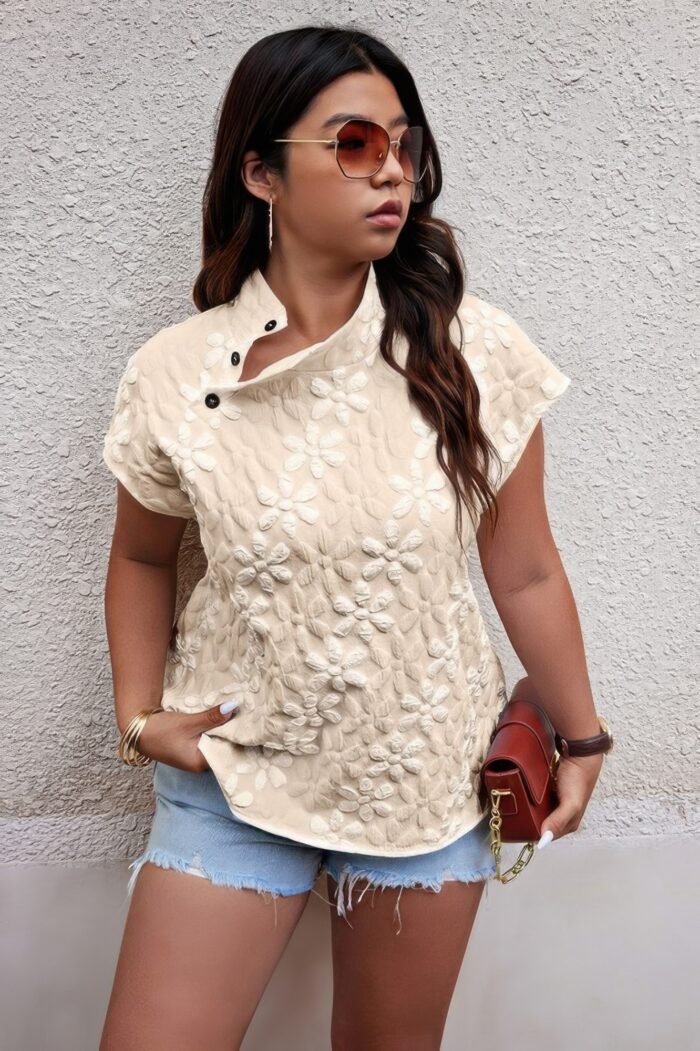 Plus size button loose jacquard stand collar top - image 5