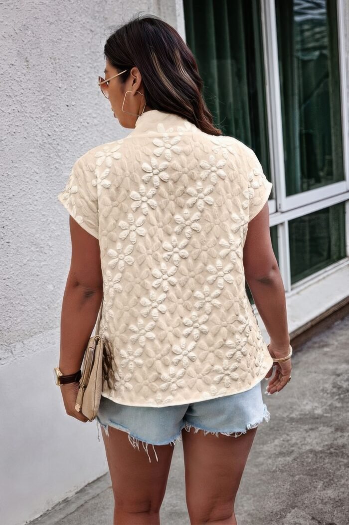 Plus size button loose jacquard stand collar top - image 7