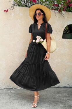 Solid V Neck Color Block Elastic Waist Dress