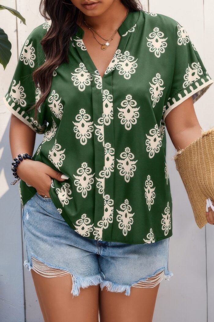 Plus size short sleeve v neck printed blouse