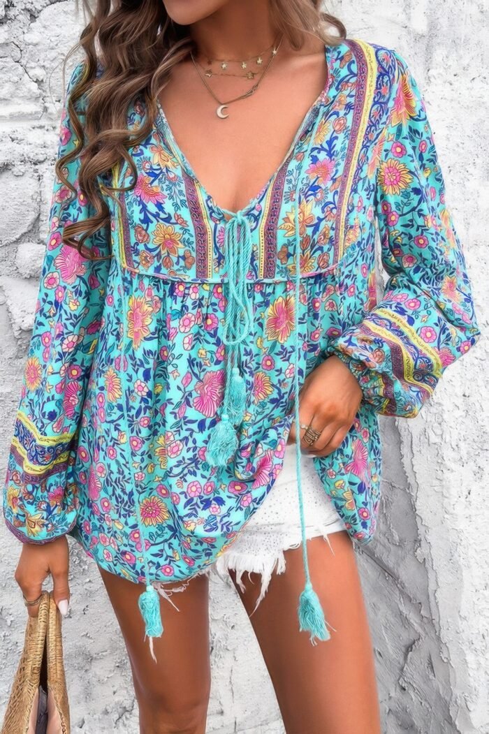 All over floral print cross deep v boho top
