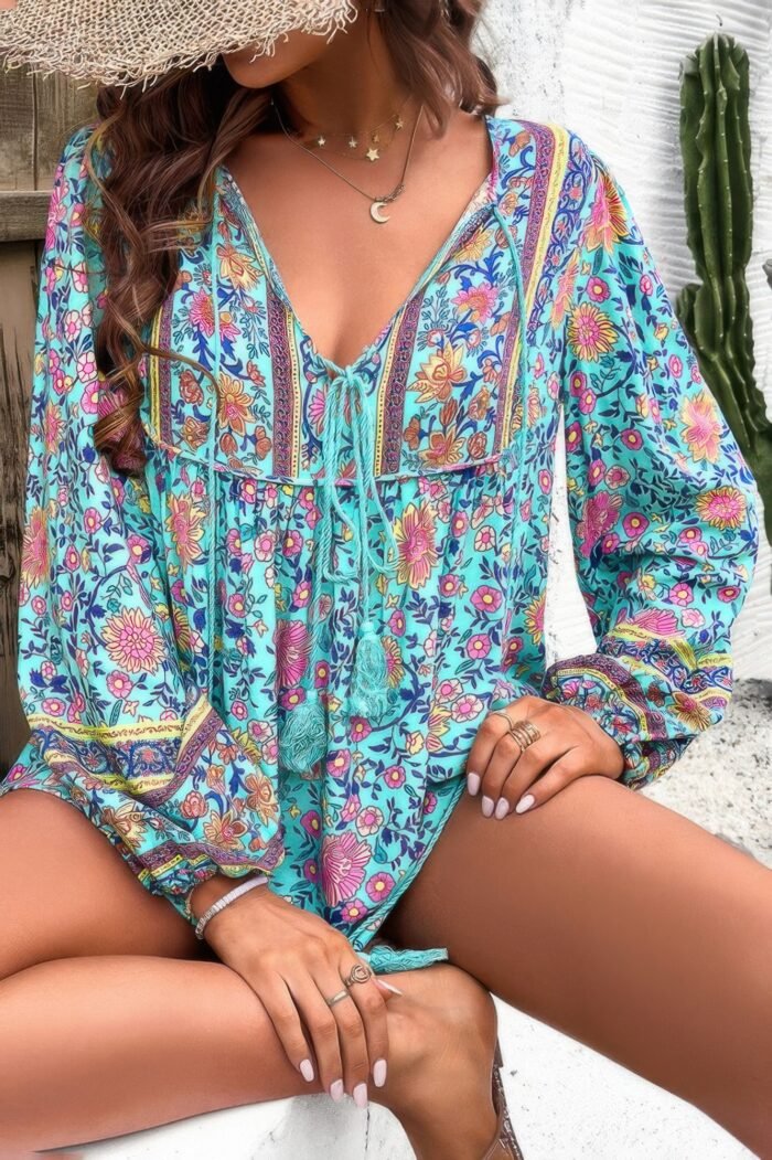 All over floral print cross deep v boho top