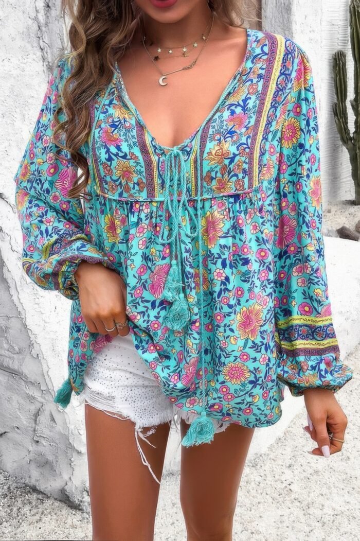 All over floral print cross deep v boho top