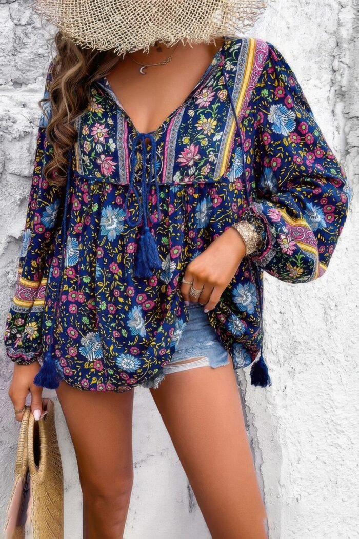 All over floral print cross deep v boho top