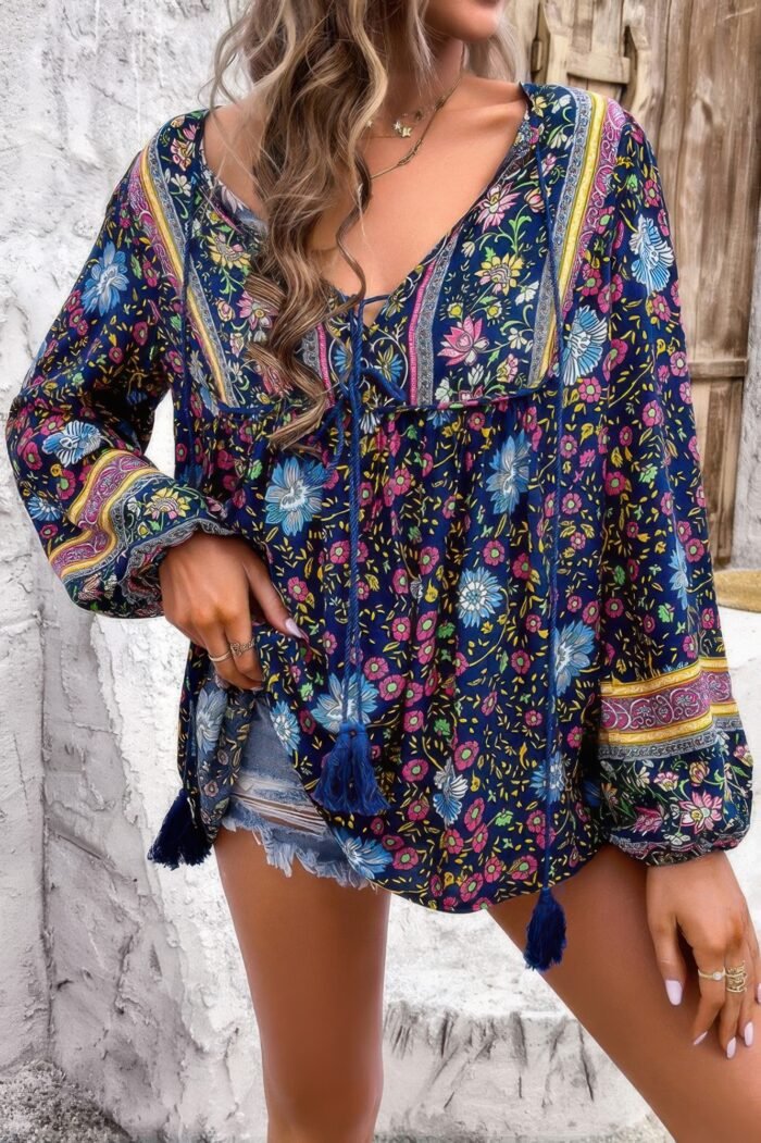 All over floral print cross deep v boho top