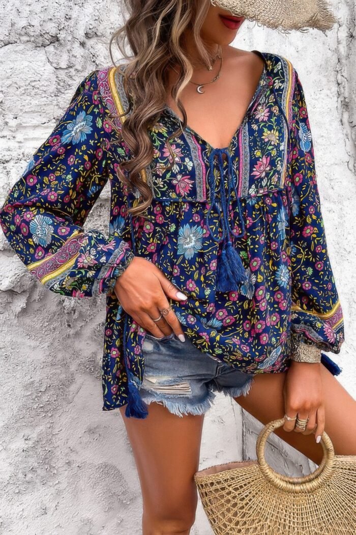 All over floral print cross deep v boho top