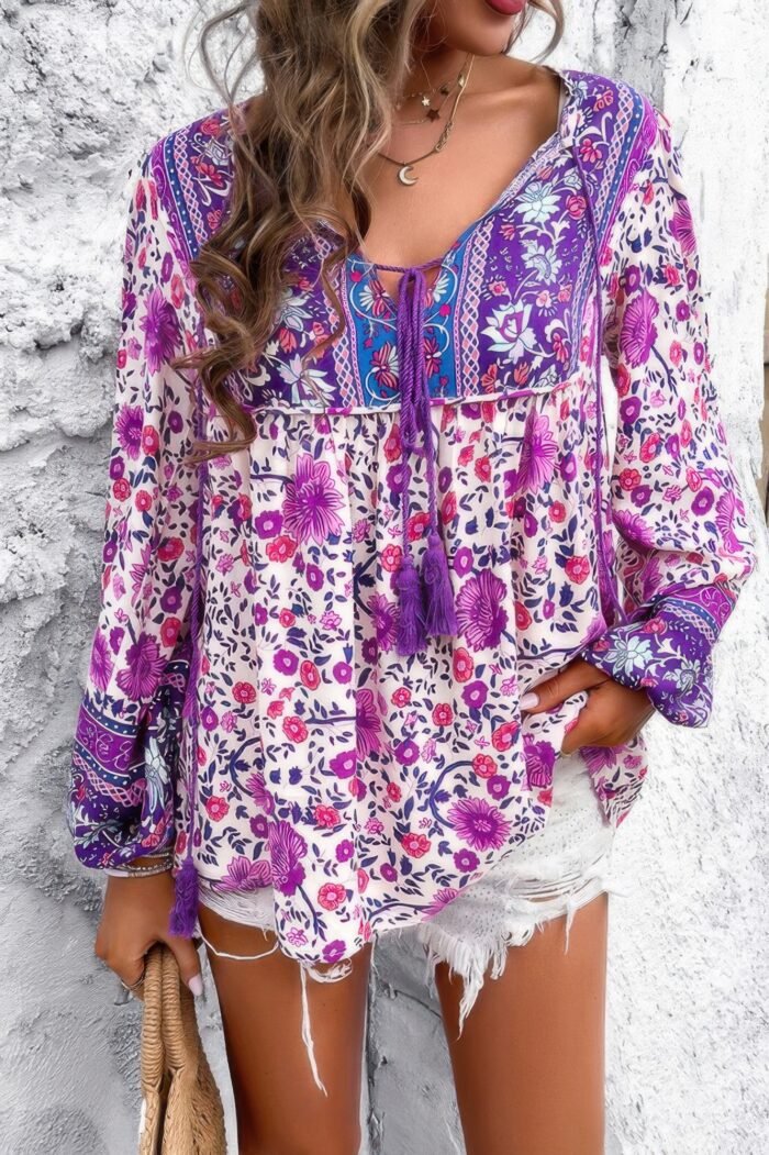 All over floral print cross deep v boho top